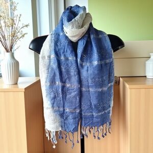 Blue and White Shiny Metallic Threads Woven Scarf Shawl